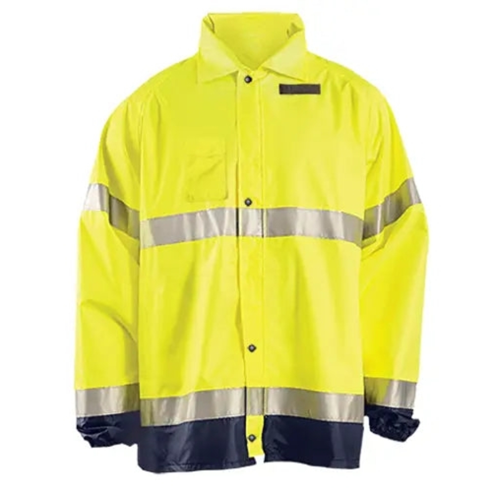 Unisex High-Visibility Yellow Rain Jacket w/ Reflective Stripes and Hidden Hood